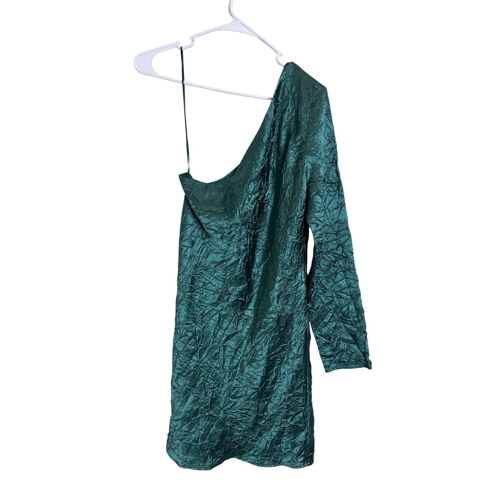 Third Form Dress Womens 6 Green Crinkle One Shoulder‎ Long Sleeve Mini Party